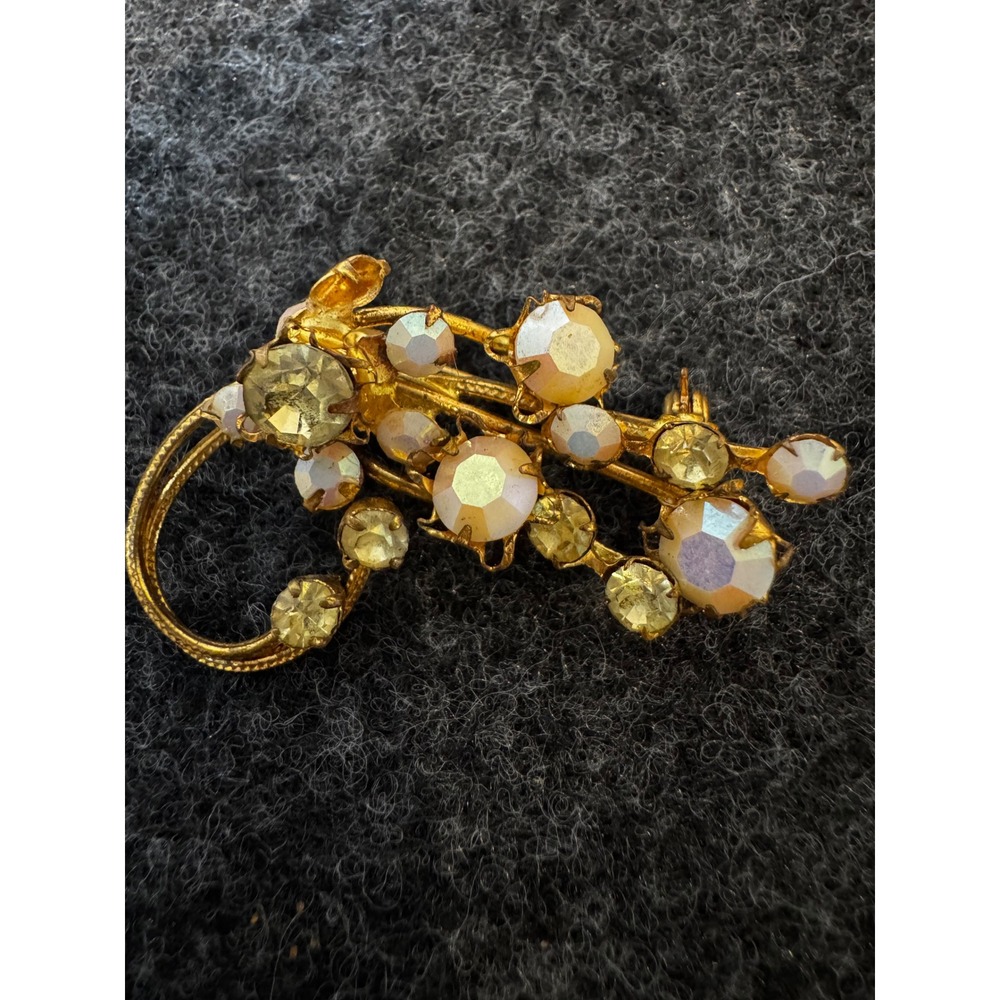 Vintage Aurora Borealis Rhinestone‎ Floral Spray Brooch Gold Tone Mid Century